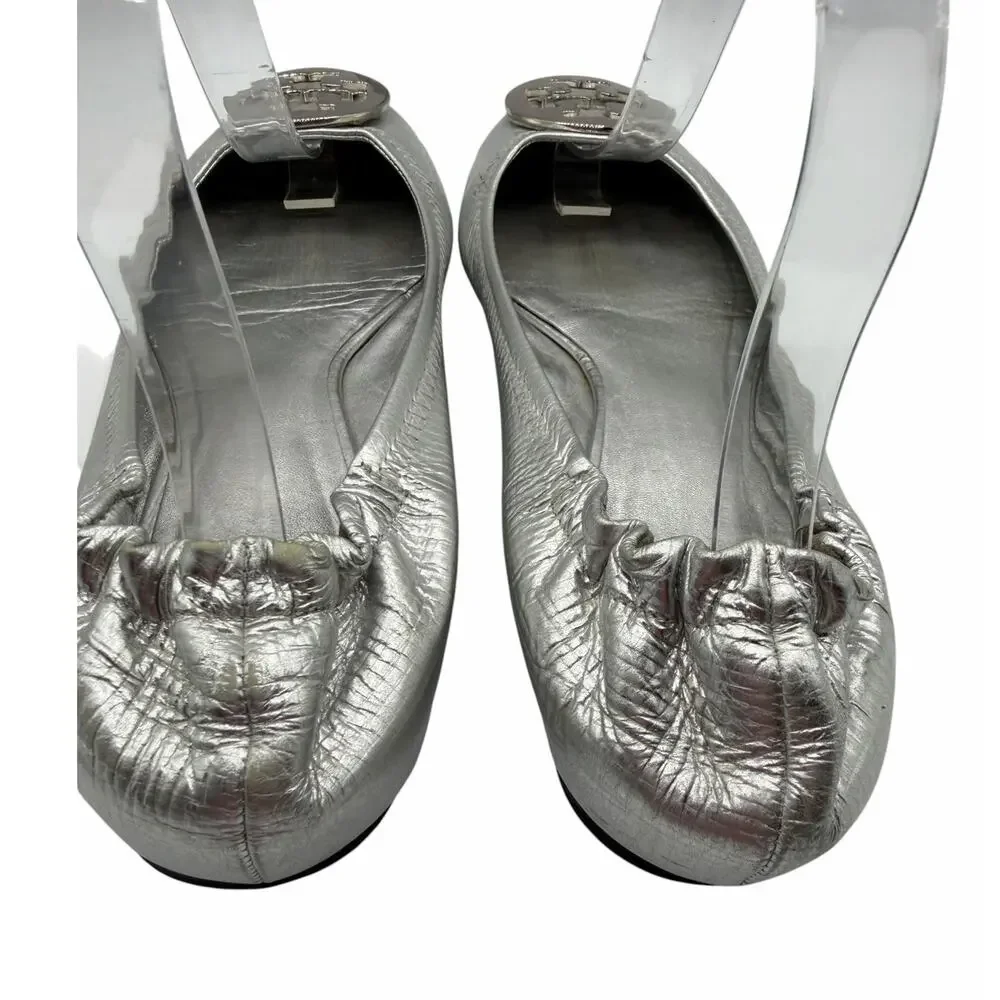 Tory Burch Reva Flats Silver Metallic‎ Leather Logo Medallion Shoes Size 10 Y2K